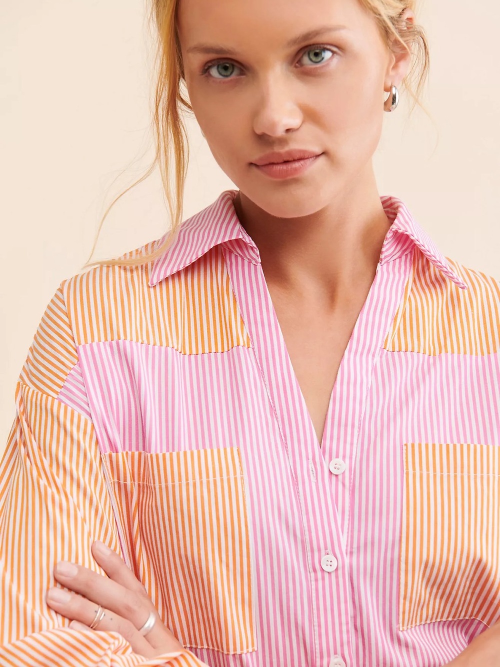 ANTHROPOLOGIE S RAHI Lizzy Colorblock Buttondown Shirt • Pink Orange Stripe